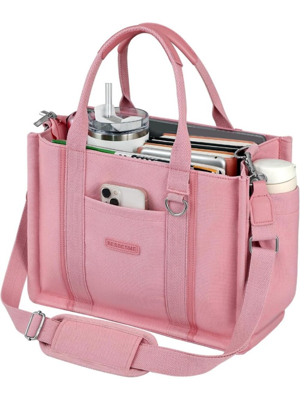Stylish Multi-Pocket Canvas Tote Bag with Zipper – Versatile Laptop Crossbody